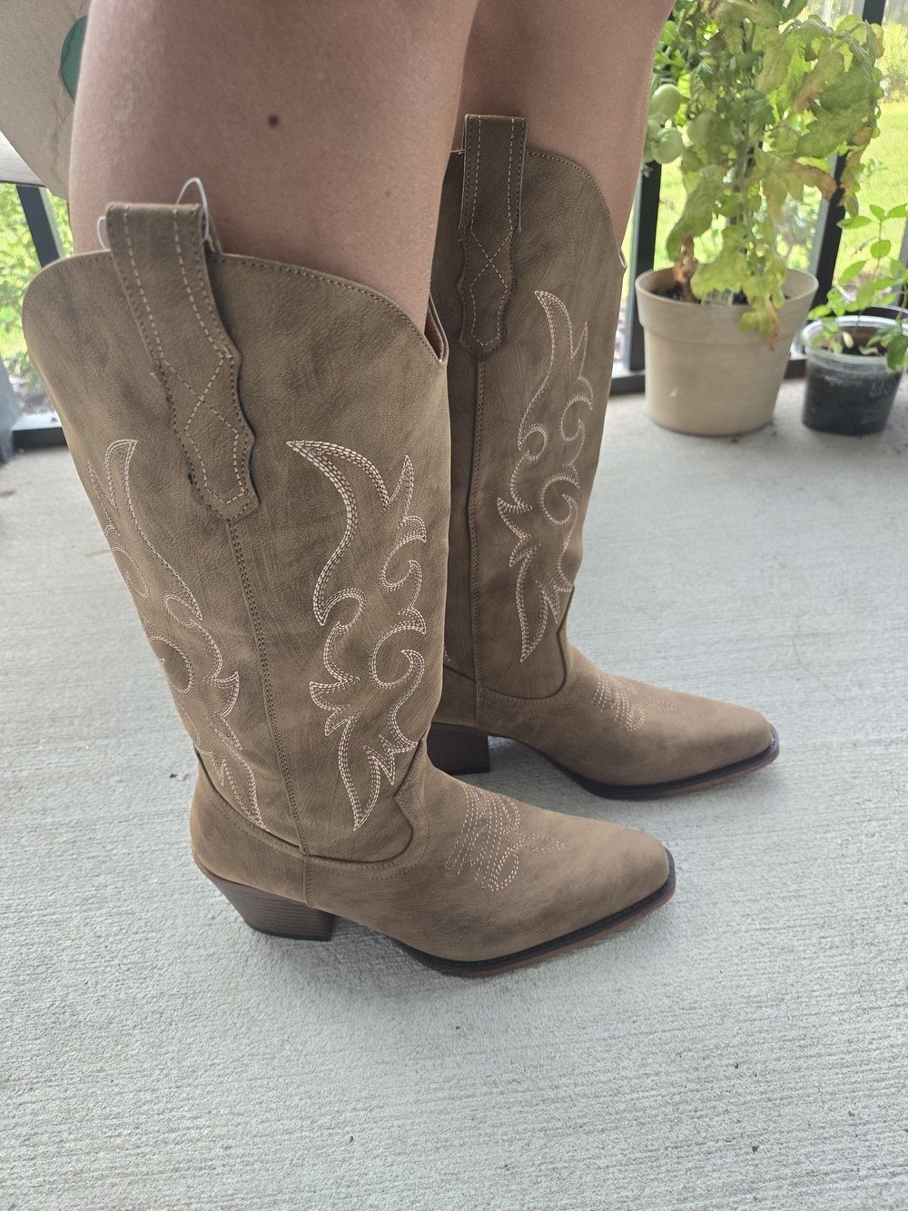 Taupe Western Knee-High Heeled Boots with Embroidered Detail